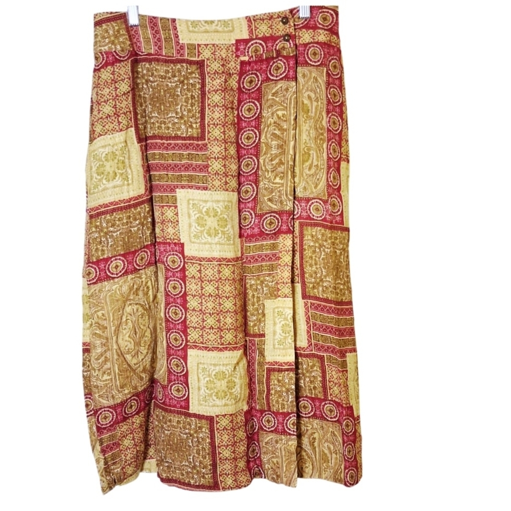 Kate Hill Red and Brown Patchwork Skirt Patterned Size 12 Silk And‎ Linen Blend - Picture 2 of 11